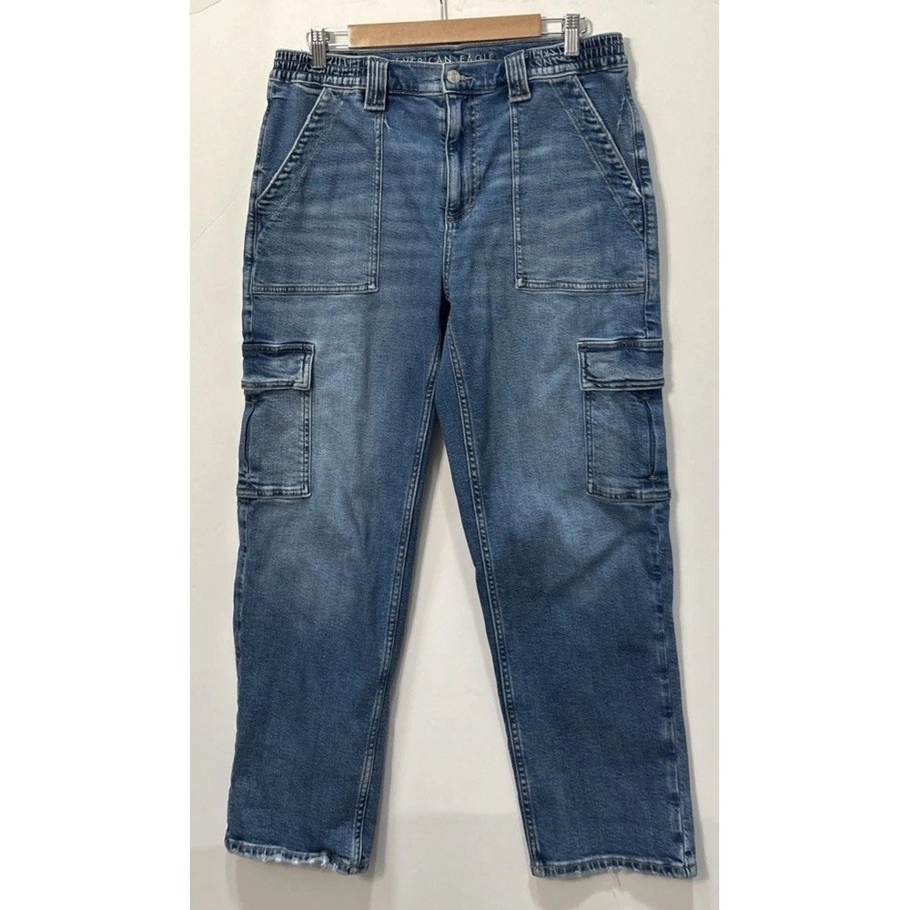 American Eagle By Payless High-Rise Cargo Jeans in Blue Wash